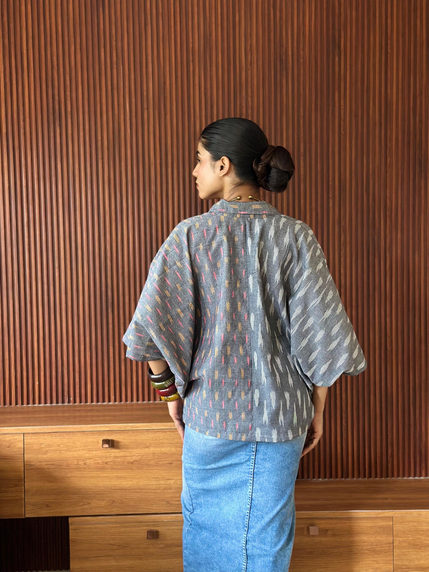 PRINTED ikat KAFTAN SHIRT BLACK