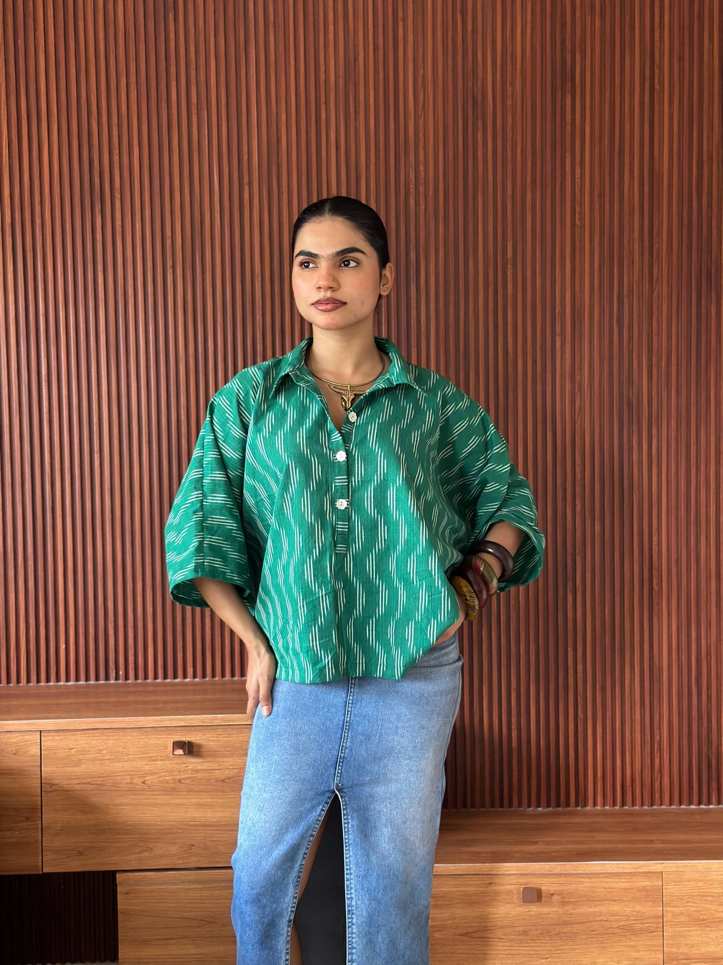 PRINTED ikat KAFTAN SHIRT GREEN