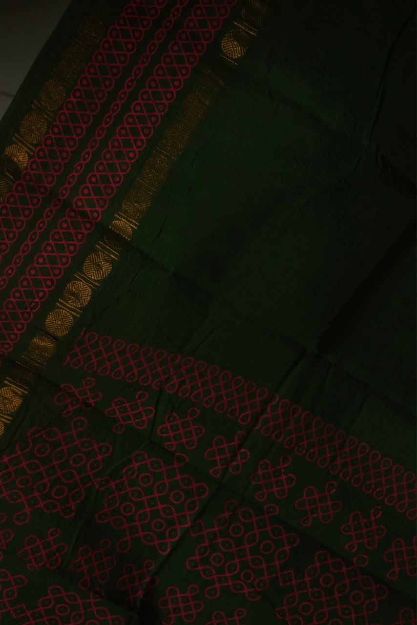 GADI KOLAM PRINTED COTTON SAREE GREEN