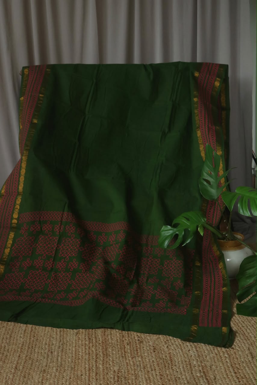 GADI KOLAM PRINTED COTTON SAREE GREEN