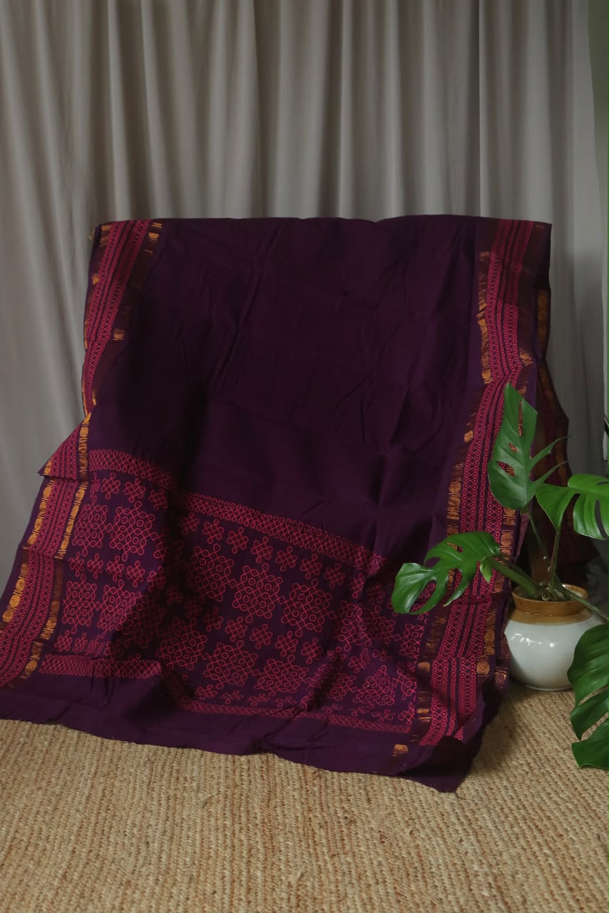 GADI KOLAM PRINTED COTTON SAREE PURPLE