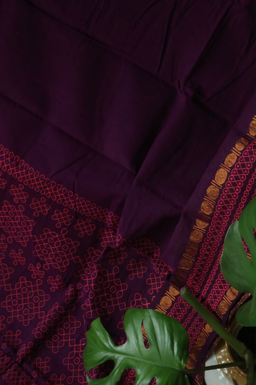 GADI KOLAM PRINTED COTTON SAREE PURPLE