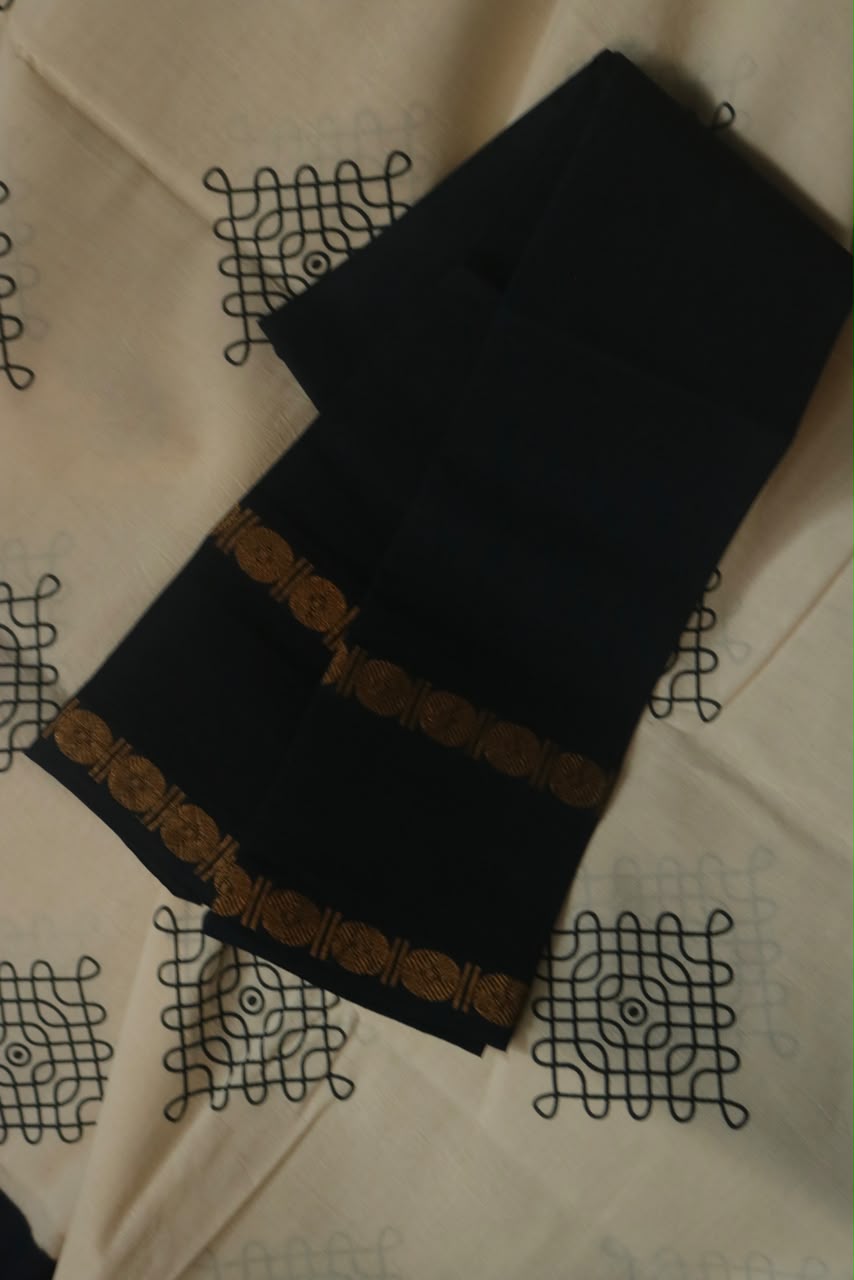 KOLAM PRINTED RUDRAKSHA BORDER COTTON SAREE BLUE