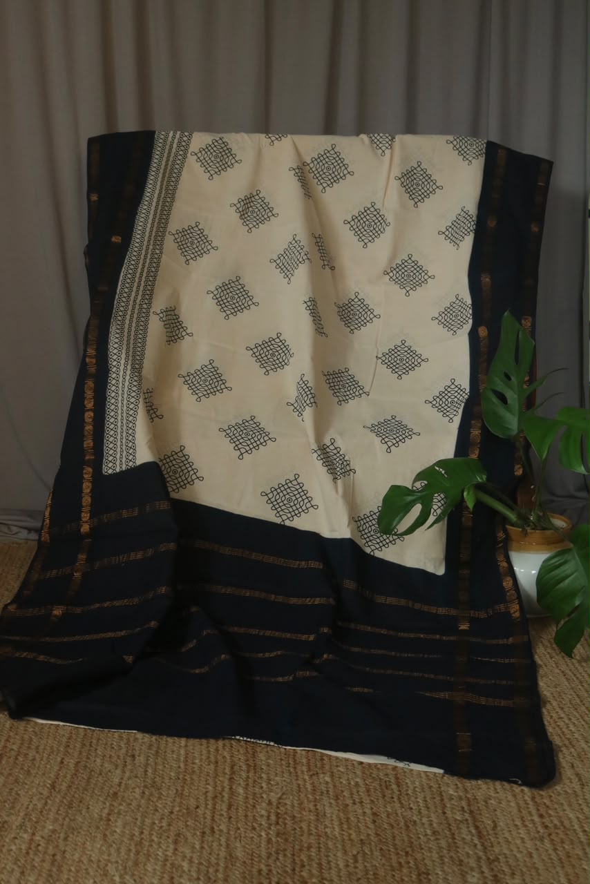 KOLAM PRINTED RUDRAKSHA BORDER COTTON SAREE BLUE