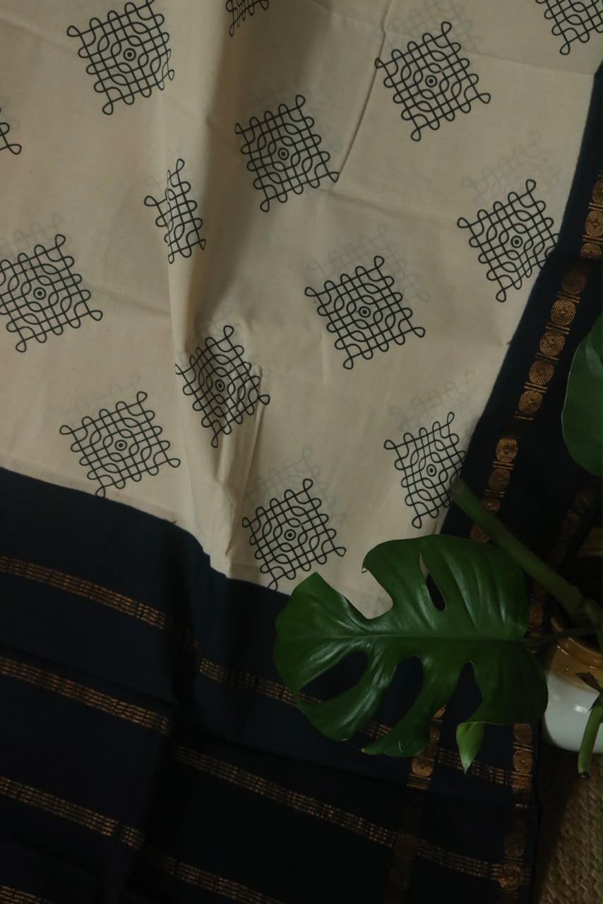 KOLAM PRINTED RUDRAKSHA BORDER COTTON SAREE BLUE