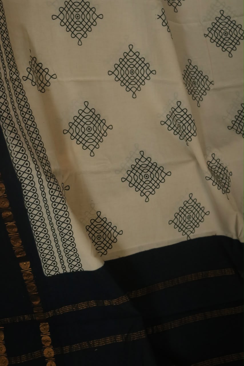 KOLAM PRINTED RUDRAKSHA BORDER COTTON SAREE BLUE