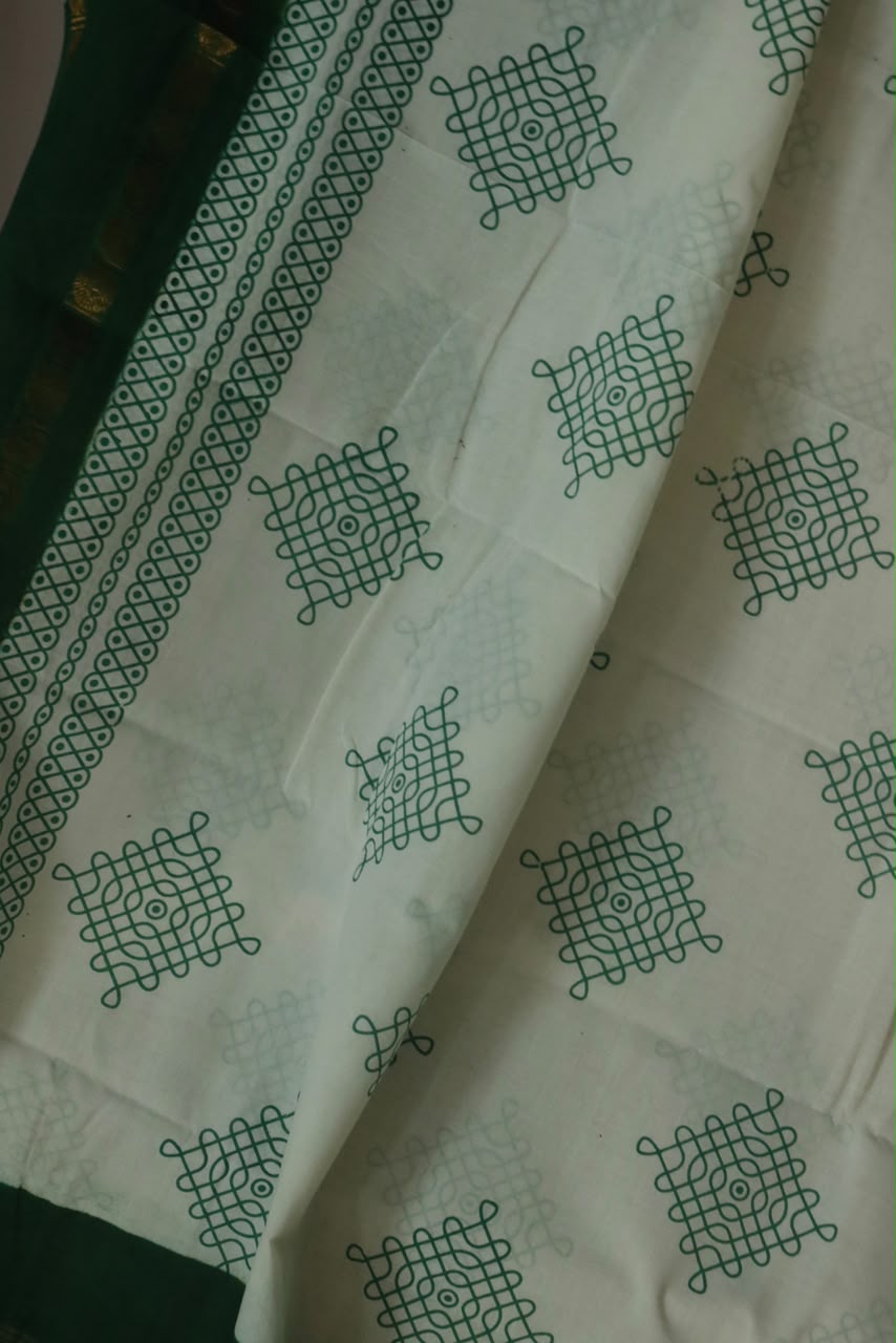 KOLAM PRINTED RUDRAKSHA BORDER COTTON SAREE GREEN