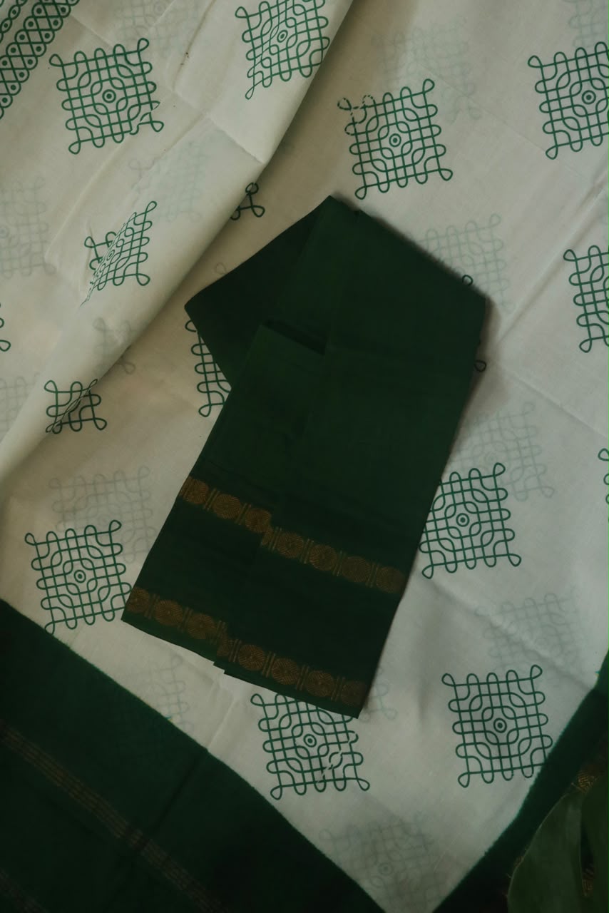 KOLAM PRINTED RUDRAKSHA BORDER COTTON SAREE GREEN