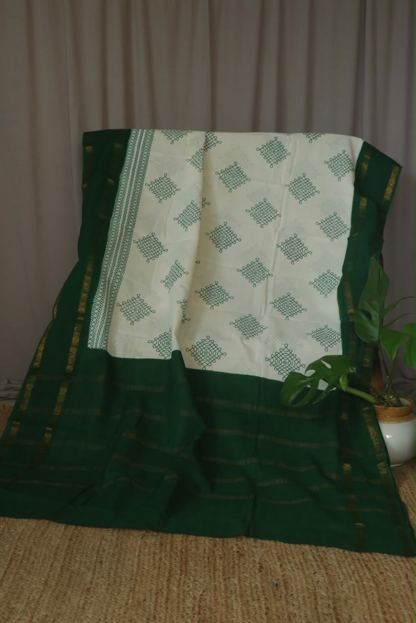 KOLAM PRINTED RUDRAKSHA BORDER COTTON SAREE GREEN