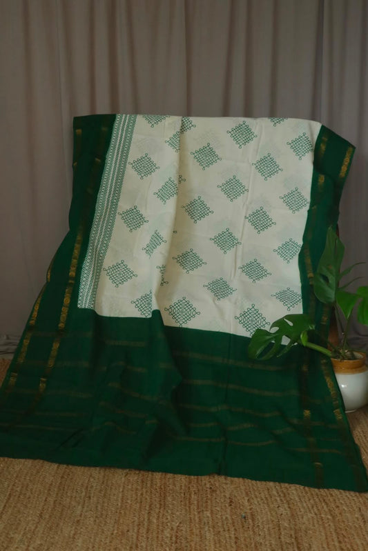 KOLAM PRINTED RUDRAKSHA BORDER COTTON SAREE GREEN