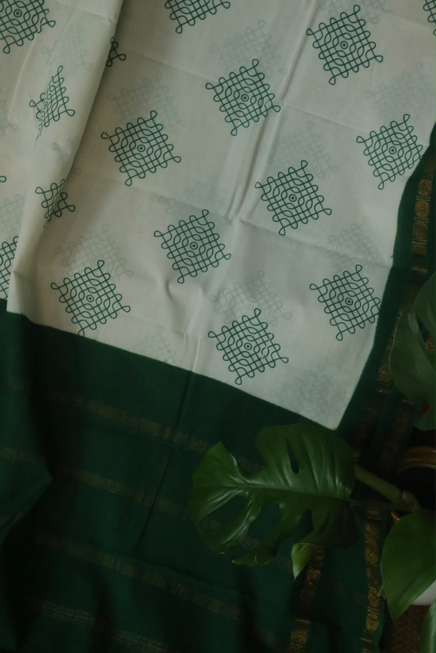KOLAM PRINTED RUDRAKSHA BORDER COTTON SAREE GREEN