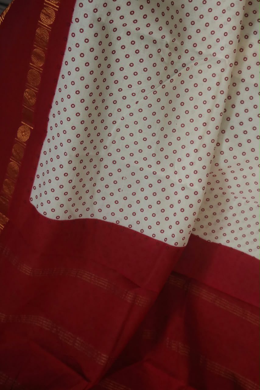 SCREEN PRINTED RUDRAKSHA BORDER COTTON SAREE MAROON