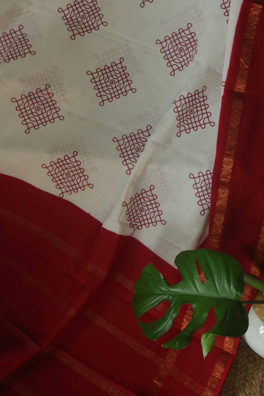 KOLAM PRINTED RUDRAKSHA BORDER COTTON SAREE MAROON