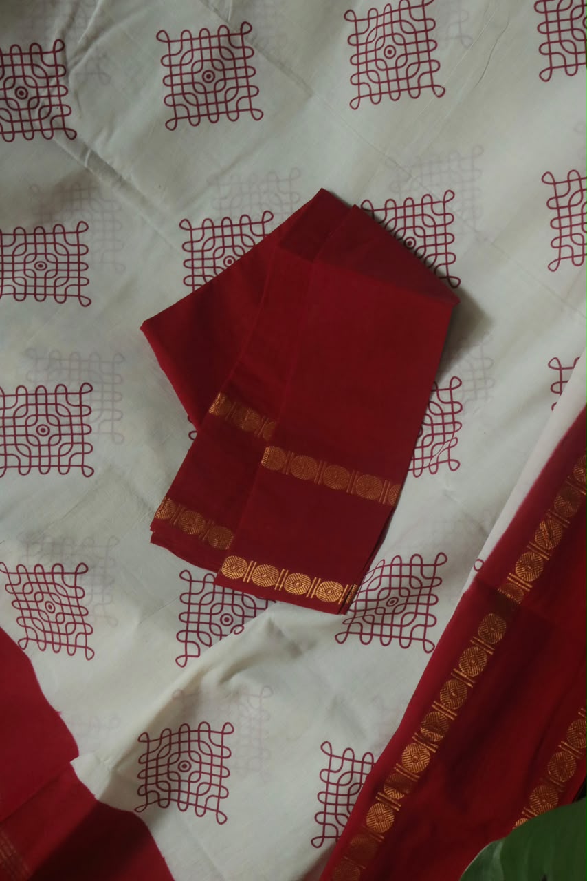 KOLAM PRINTED RUDRAKSHA BORDER COTTON SAREE MAROON