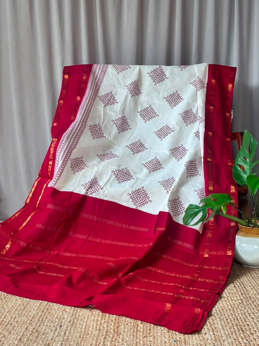 KOLAM PRINTED RUDRAKSHA BORDER COTTON SAREE MAROON