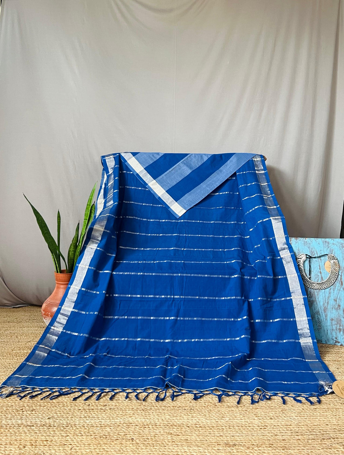 indigo saree with silver striped saree