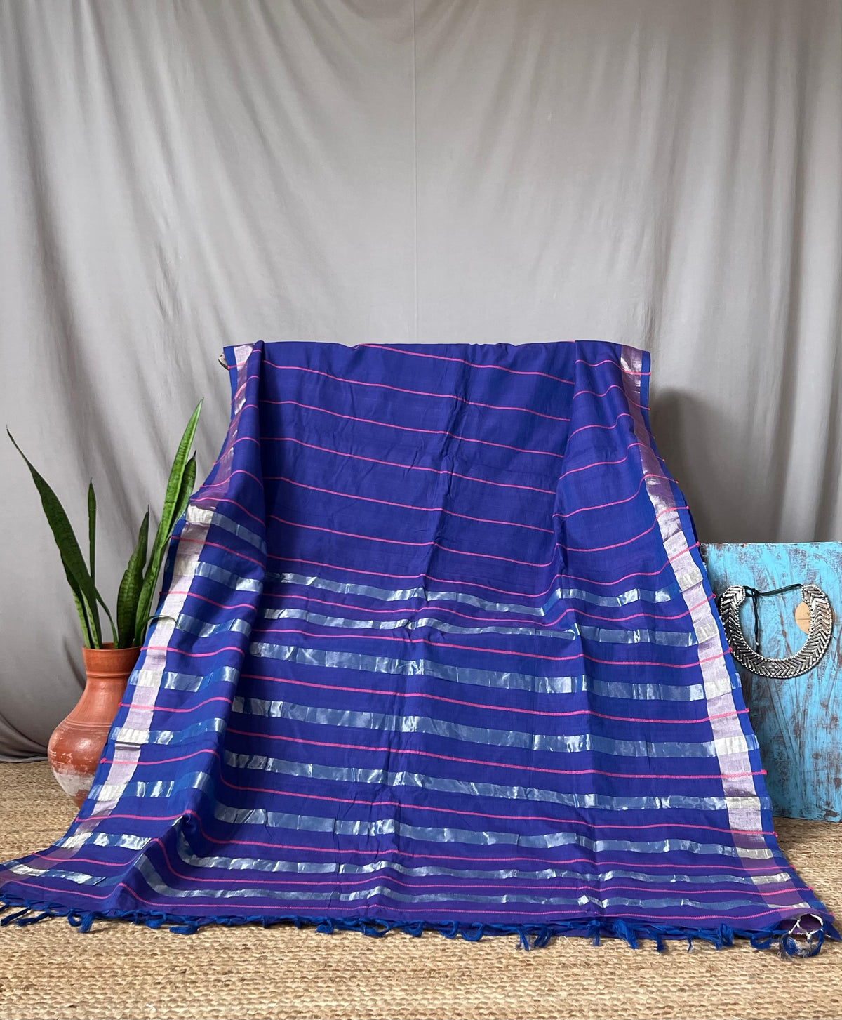 indigo saree with PINK/SILVER striped