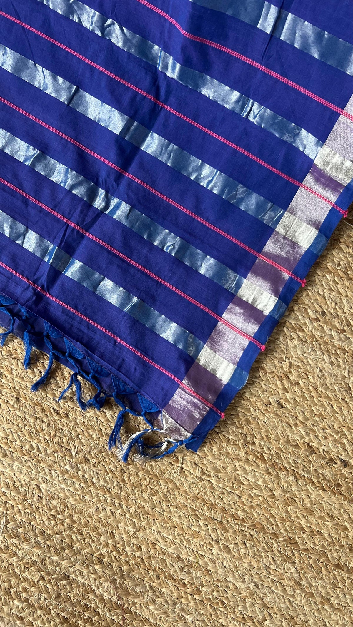 indigo saree with PINK/SILVER striped