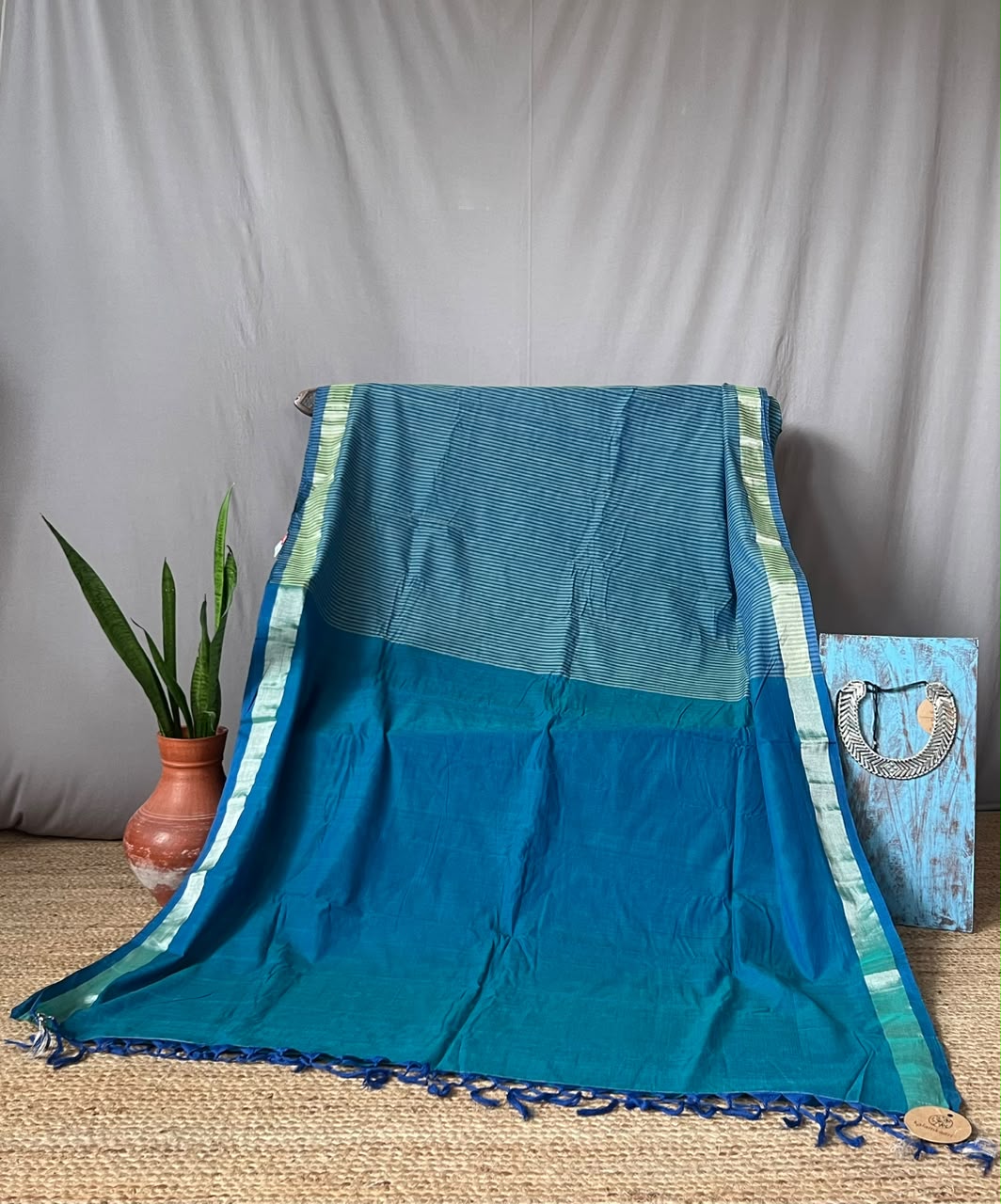indigo saree with plain pallu striped body AQUA BLUE