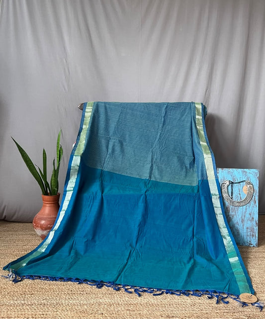 indigo saree with plain pallu striped body AQUA BLUE