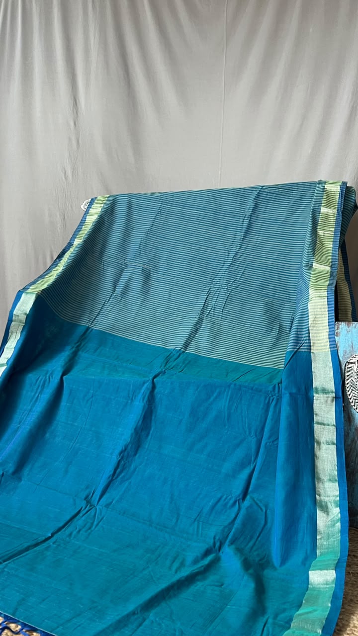 indigo saree with plain pallu striped body AQUA BLUE