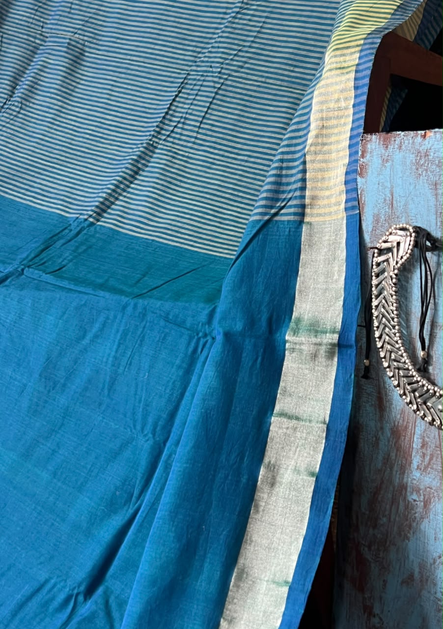 indigo saree with plain pallu striped body AQUA BLUE