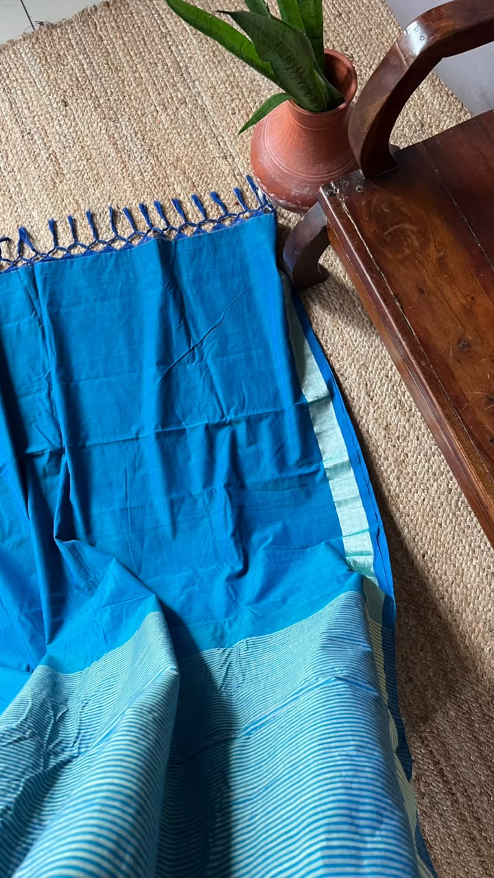 indigo saree with plain pallu striped body AQUA BLUE
