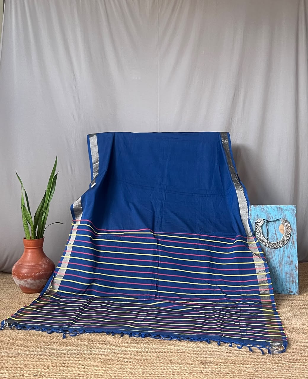indigo saree with RED/YELLOW striped pallu