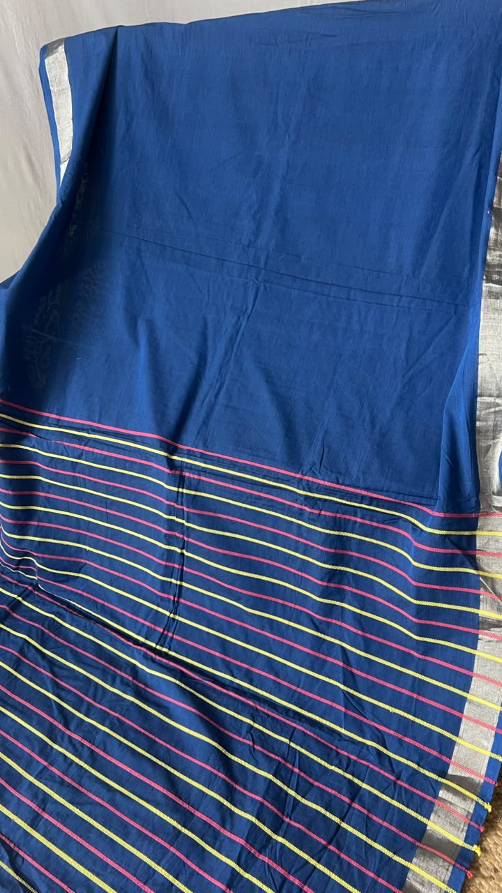 indigo saree with RED/YELLOW striped pallu