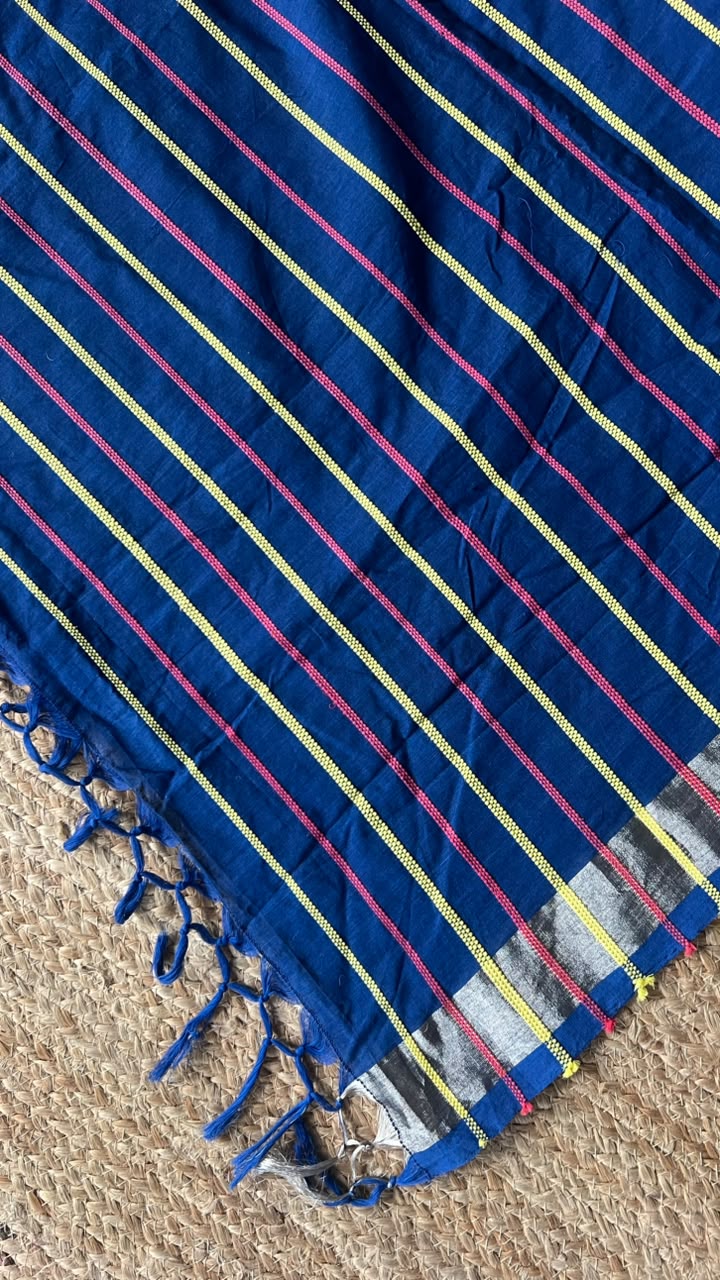 indigo saree with RED/YELLOW striped pallu