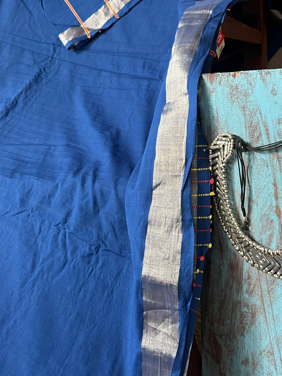 indigo saree with RED/YELLOW STRIPES