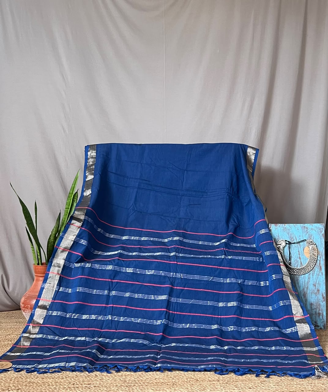 indigo saree with RED/SILVER striped
