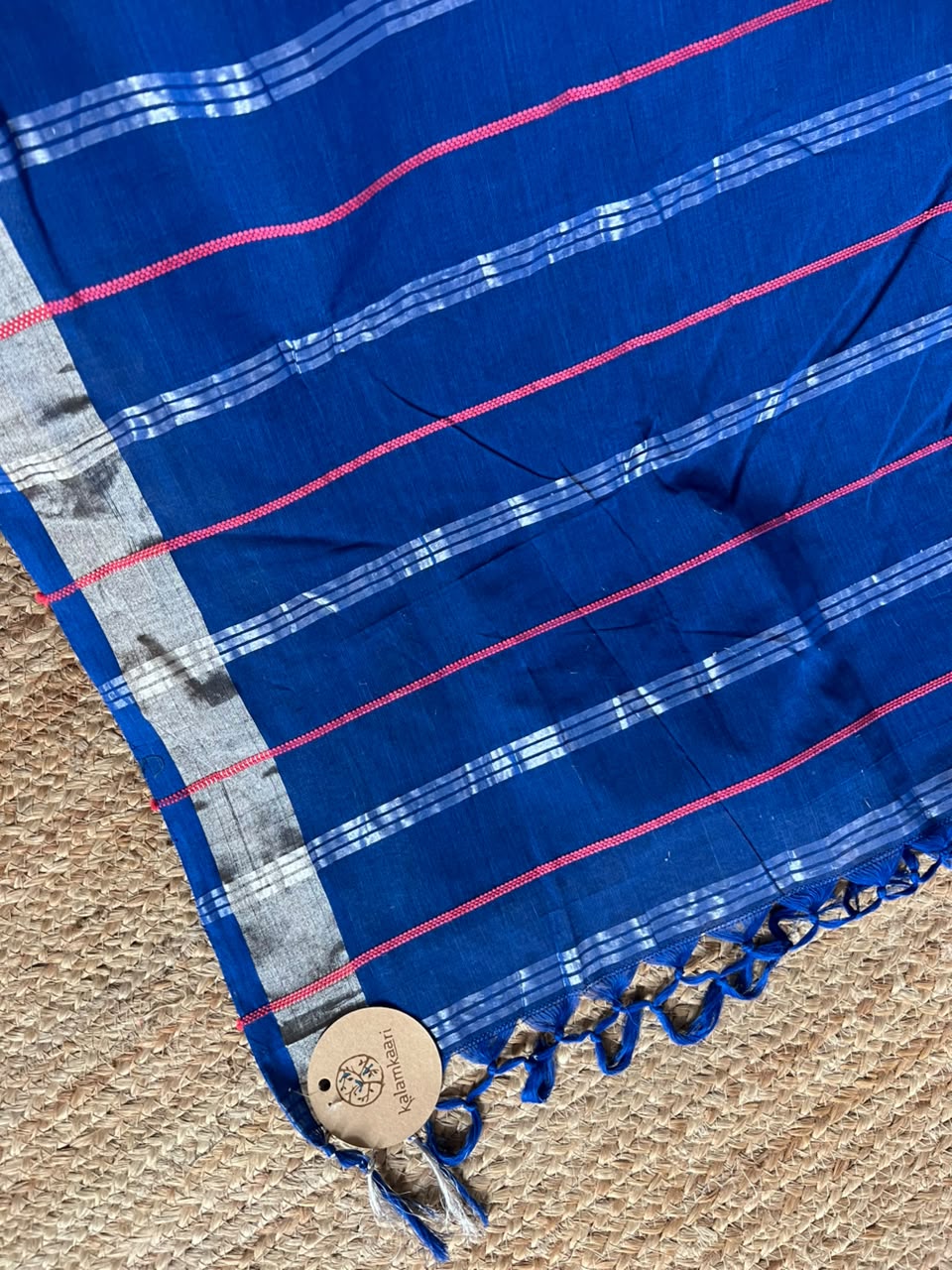 indigo saree with RED/SILVER striped
