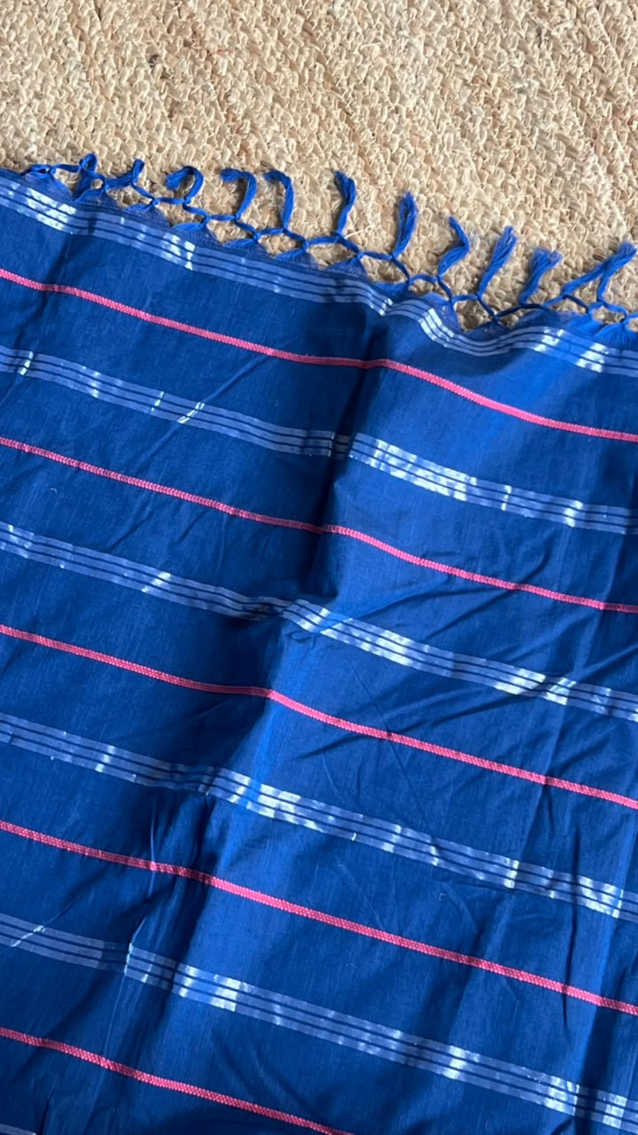 indigo saree with RED/SILVER striped