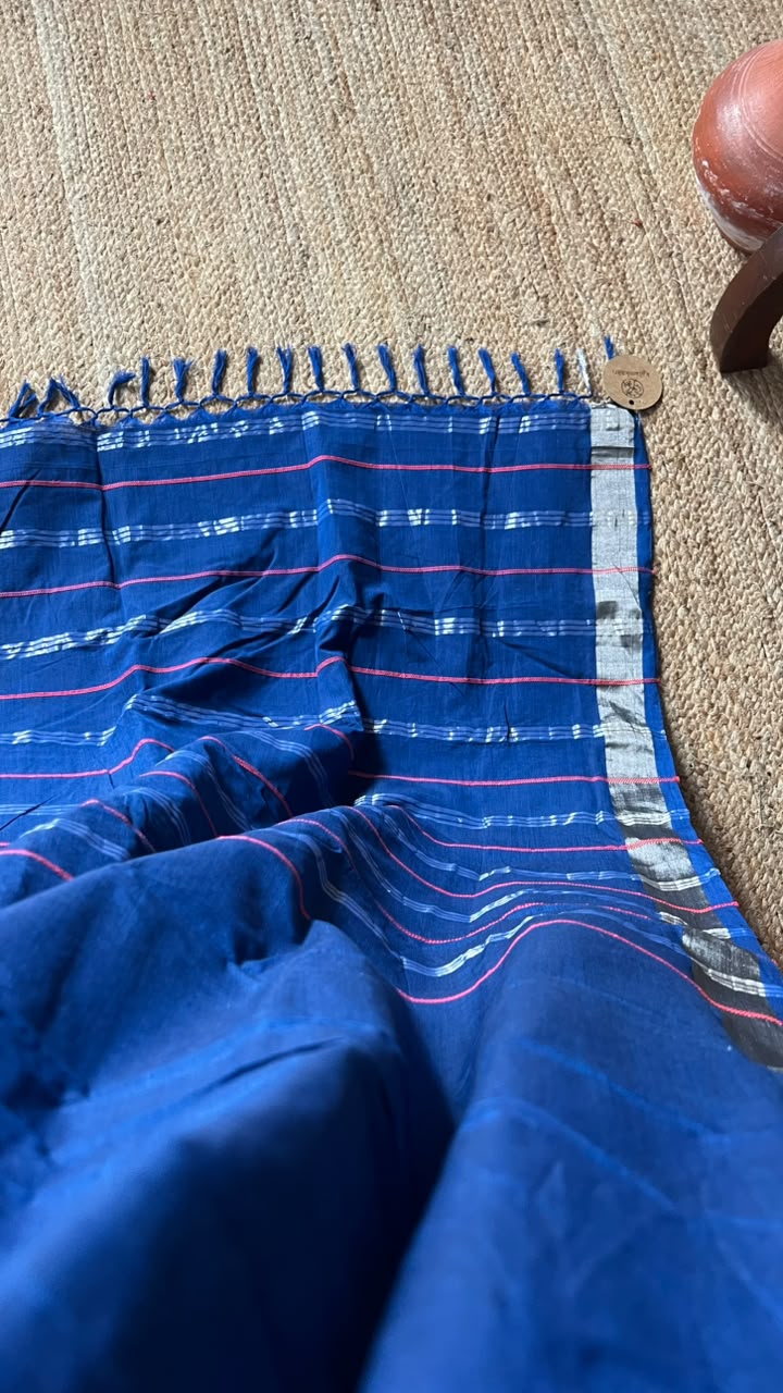 indigo saree with RED/SILVER striped
