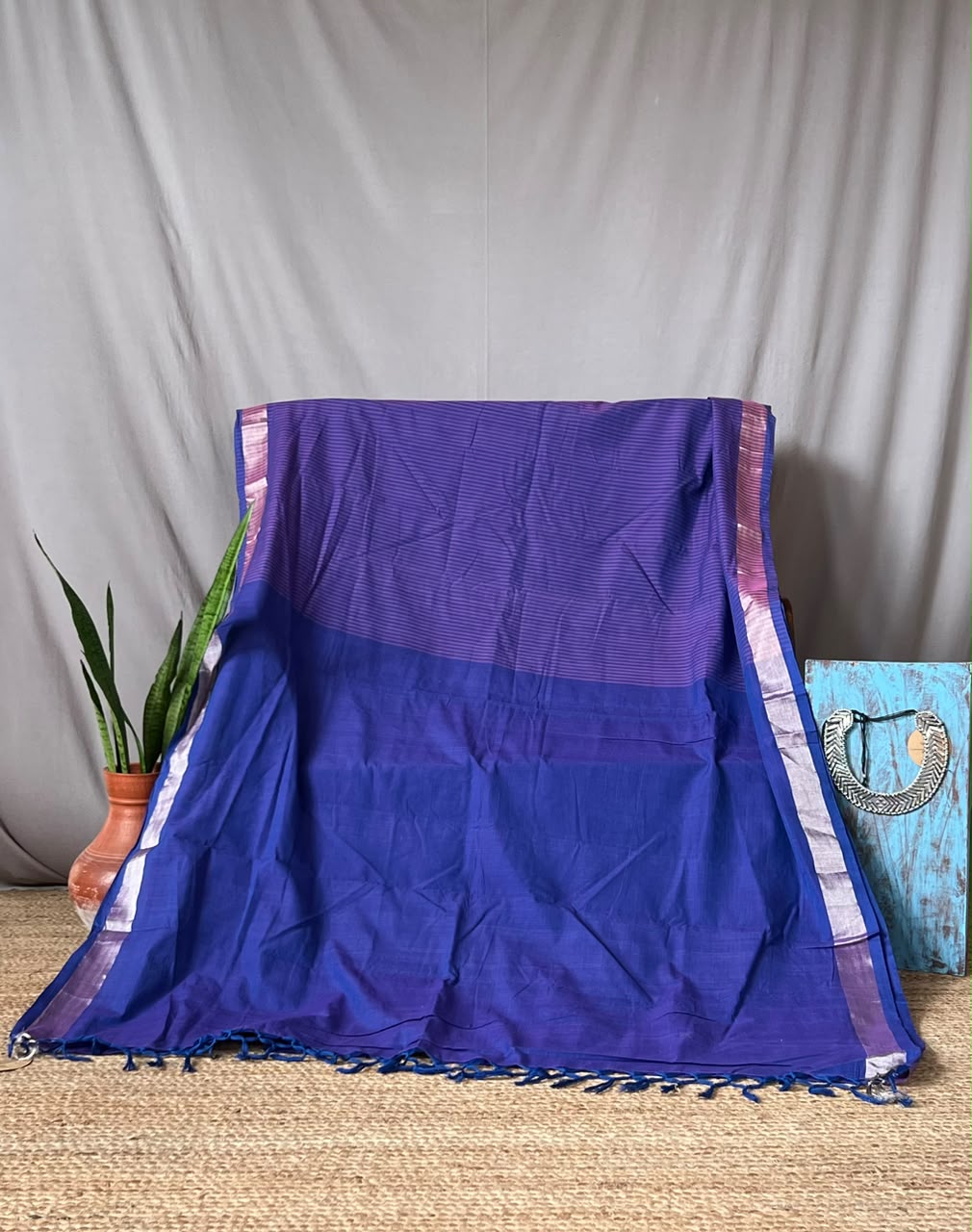 indigo saree with plain pallu striped body