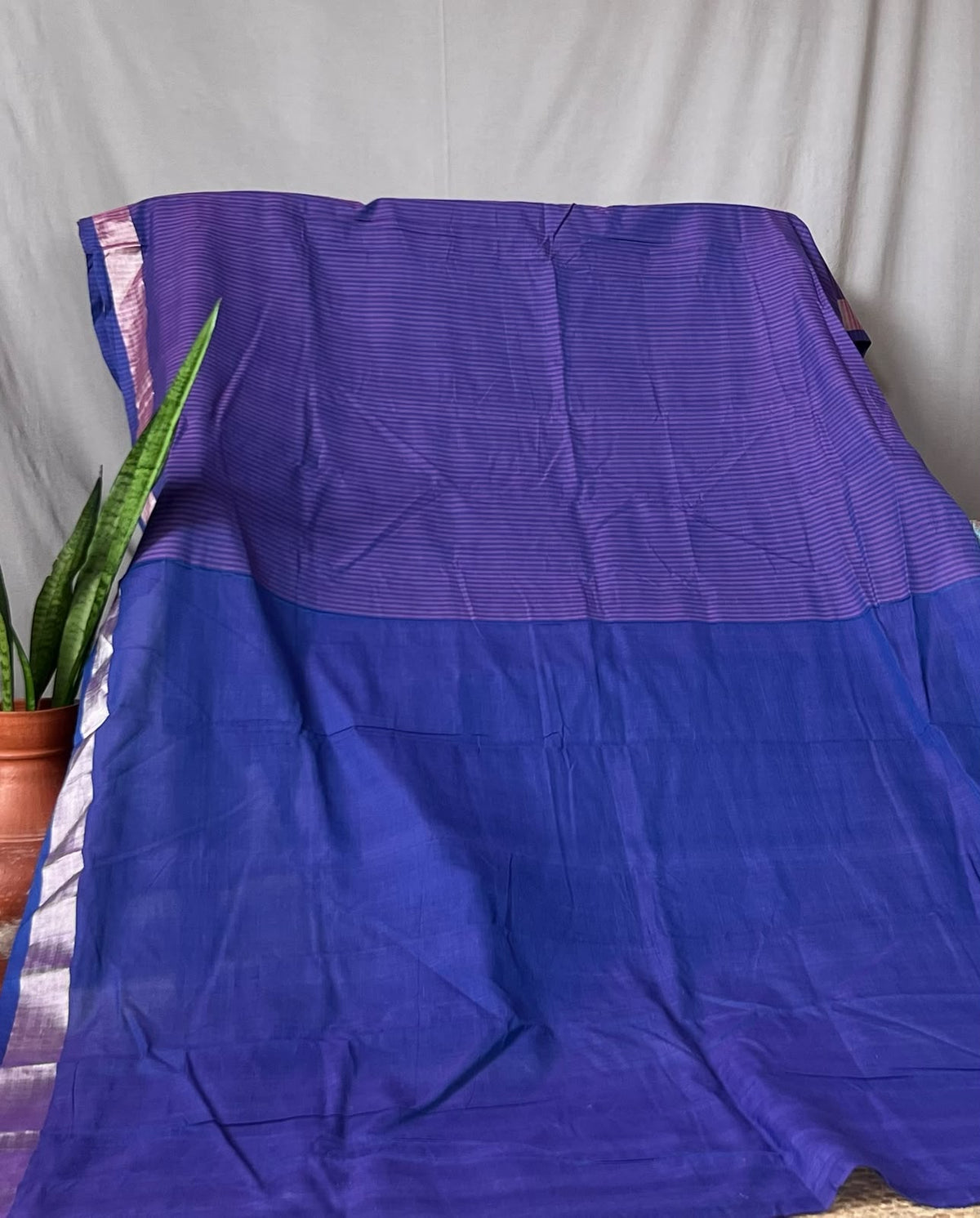 indigo saree with plain pallu striped body