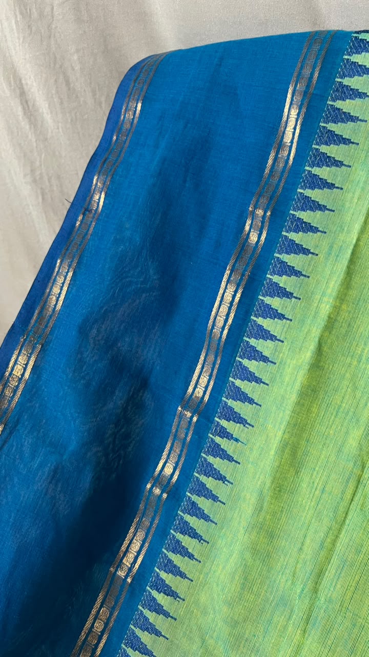 chettinad cotton plain body saree GREEN BLUE