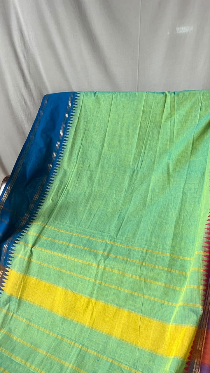 chettinad cotton plain body saree GREEN BLUE