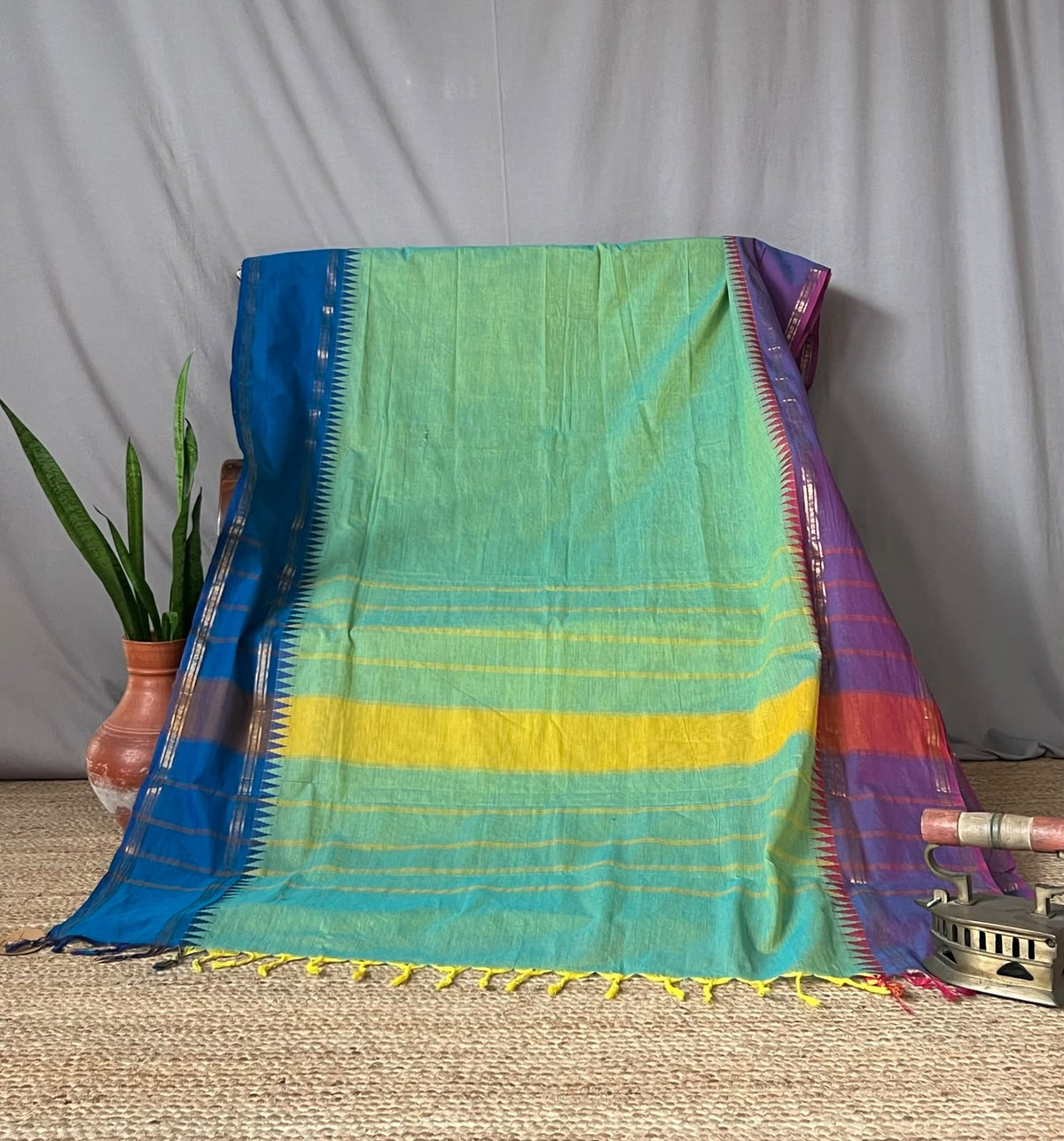 chettinad cotton plain body saree GREEN BLUE