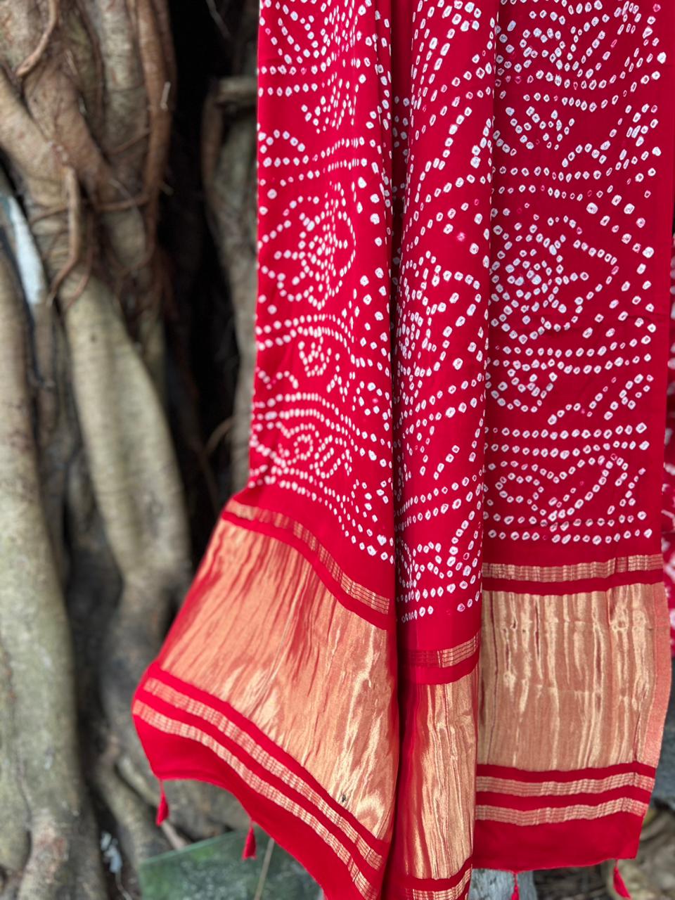 MODAL SILK BANDHUNI WITH NEEDLE SHIBORI RED SAREE