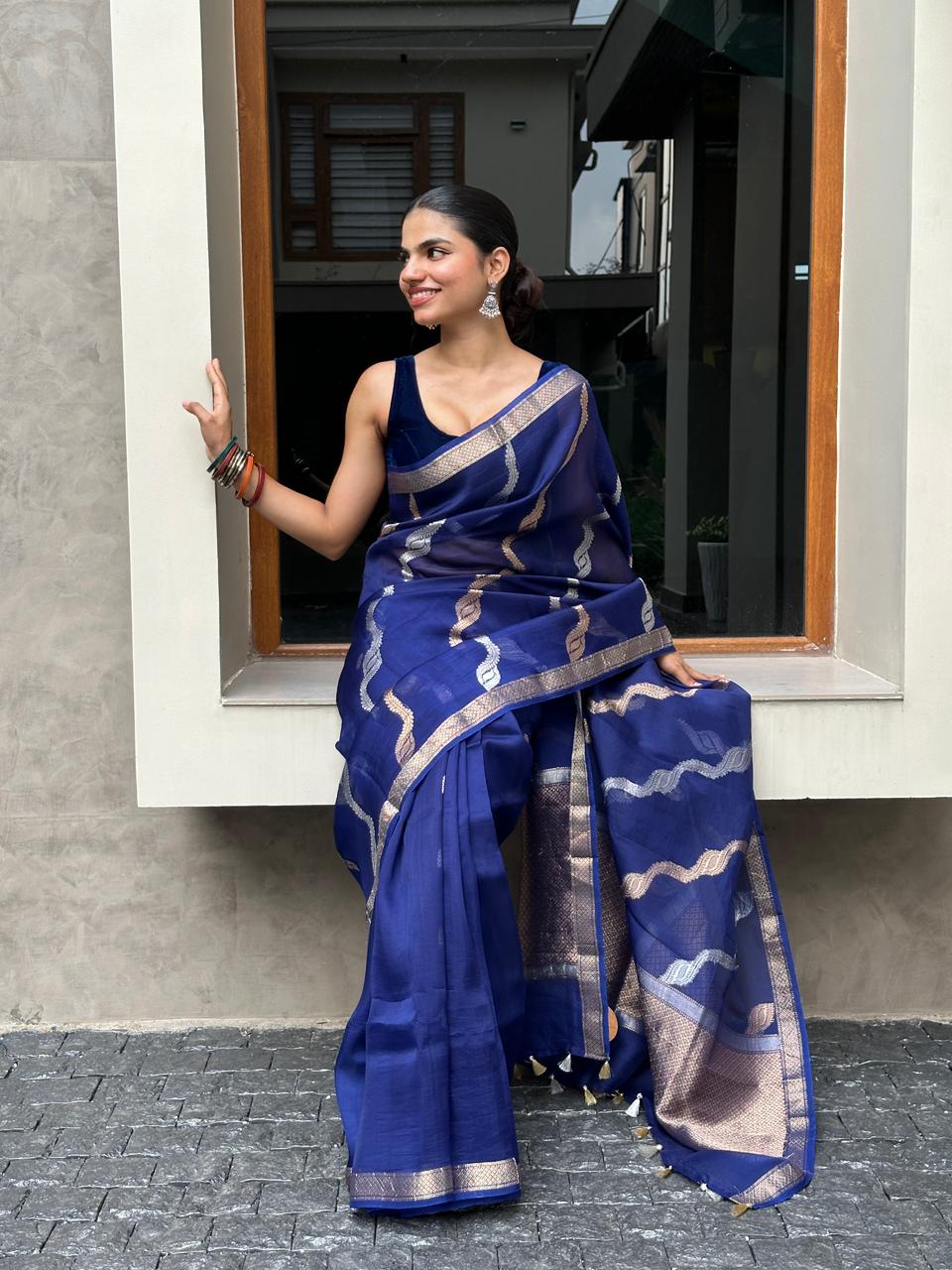 BANARASI ORGANZA SAREE - INDIGO