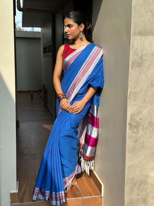 COTTON ILKAL WITH SILK PALLU SAREE_blue