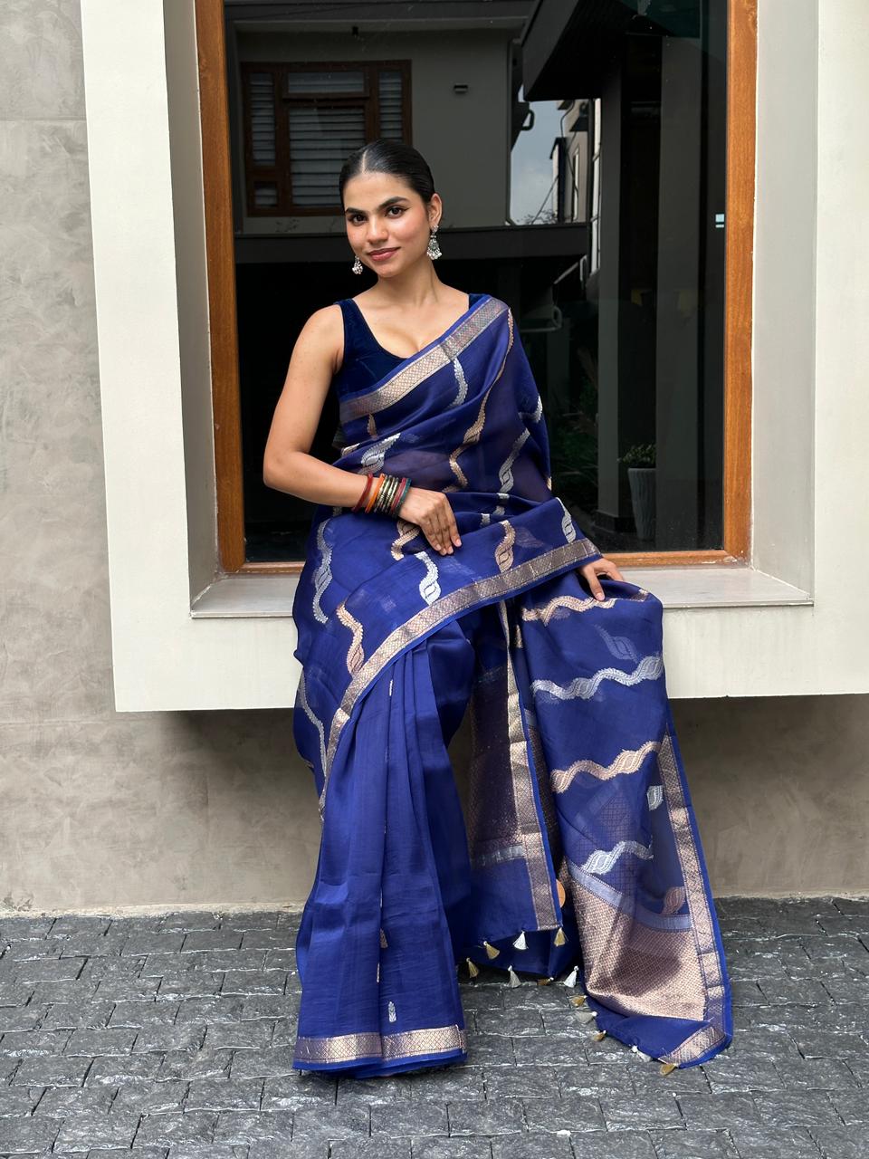 BANARASI ORGANZA SAREE - INDIGO