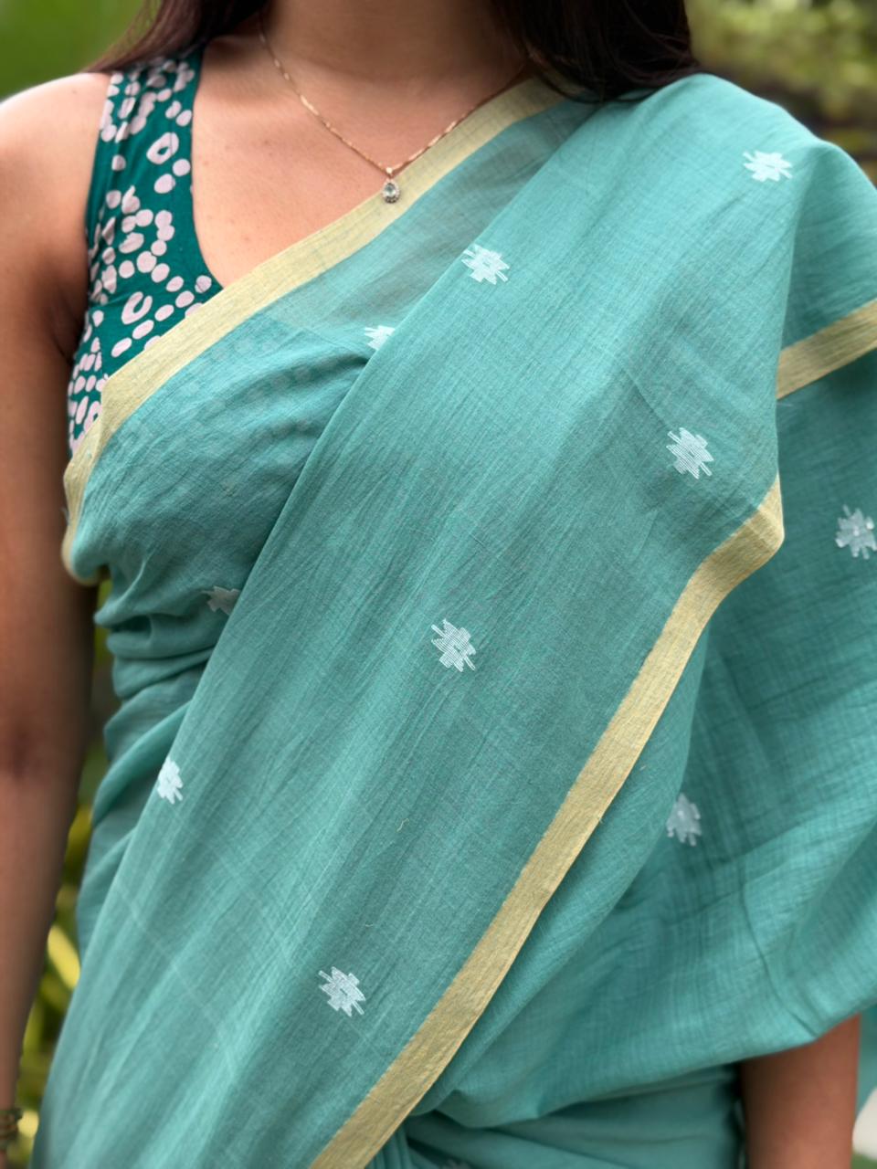 AQUA GREEN JAMDANI COTTON SAREE