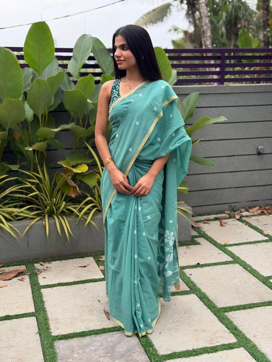 AQUA GREEN JAMDANI COTTON SAREE