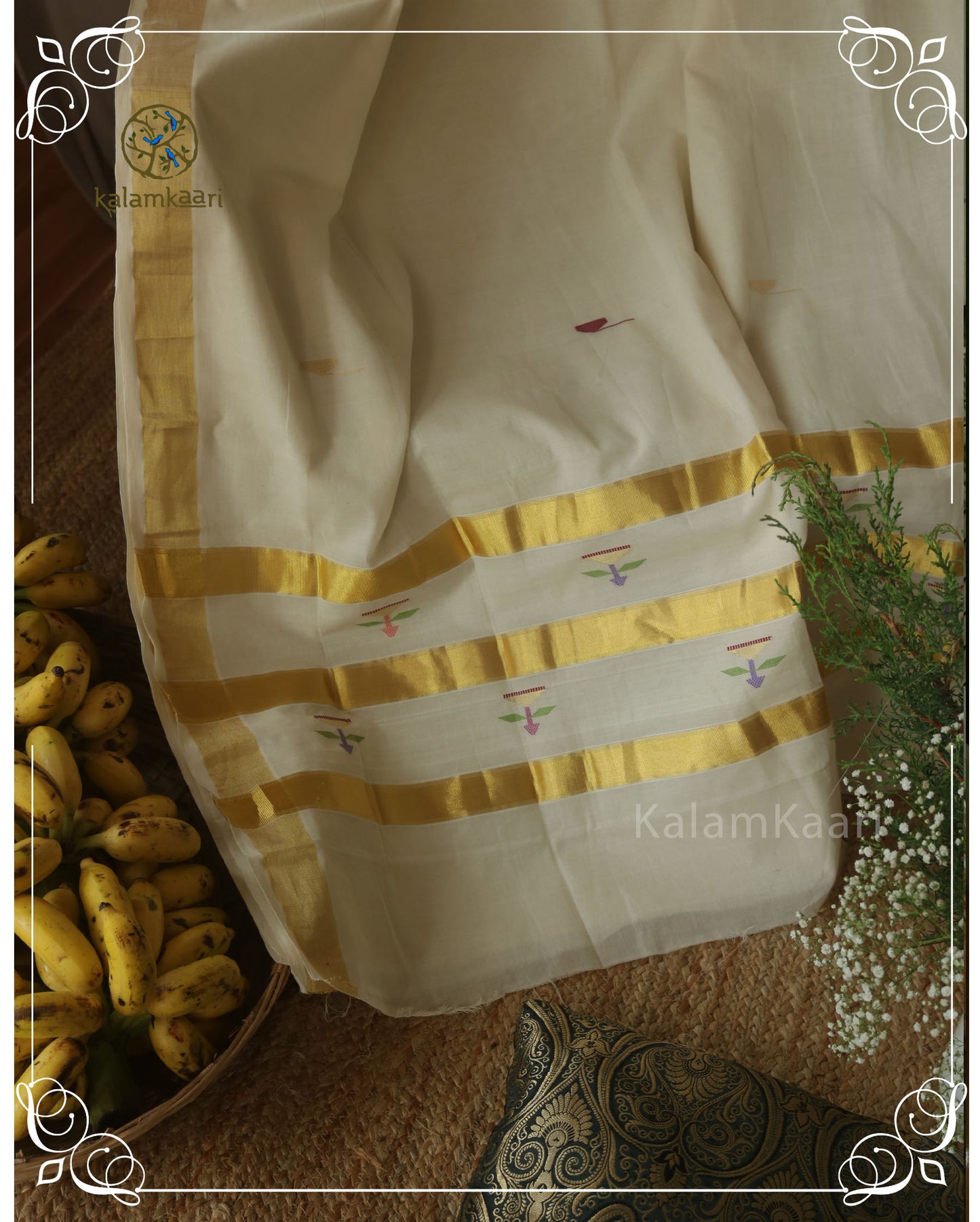 Kerala kasavu- hand buttas (Kaithari Onam)