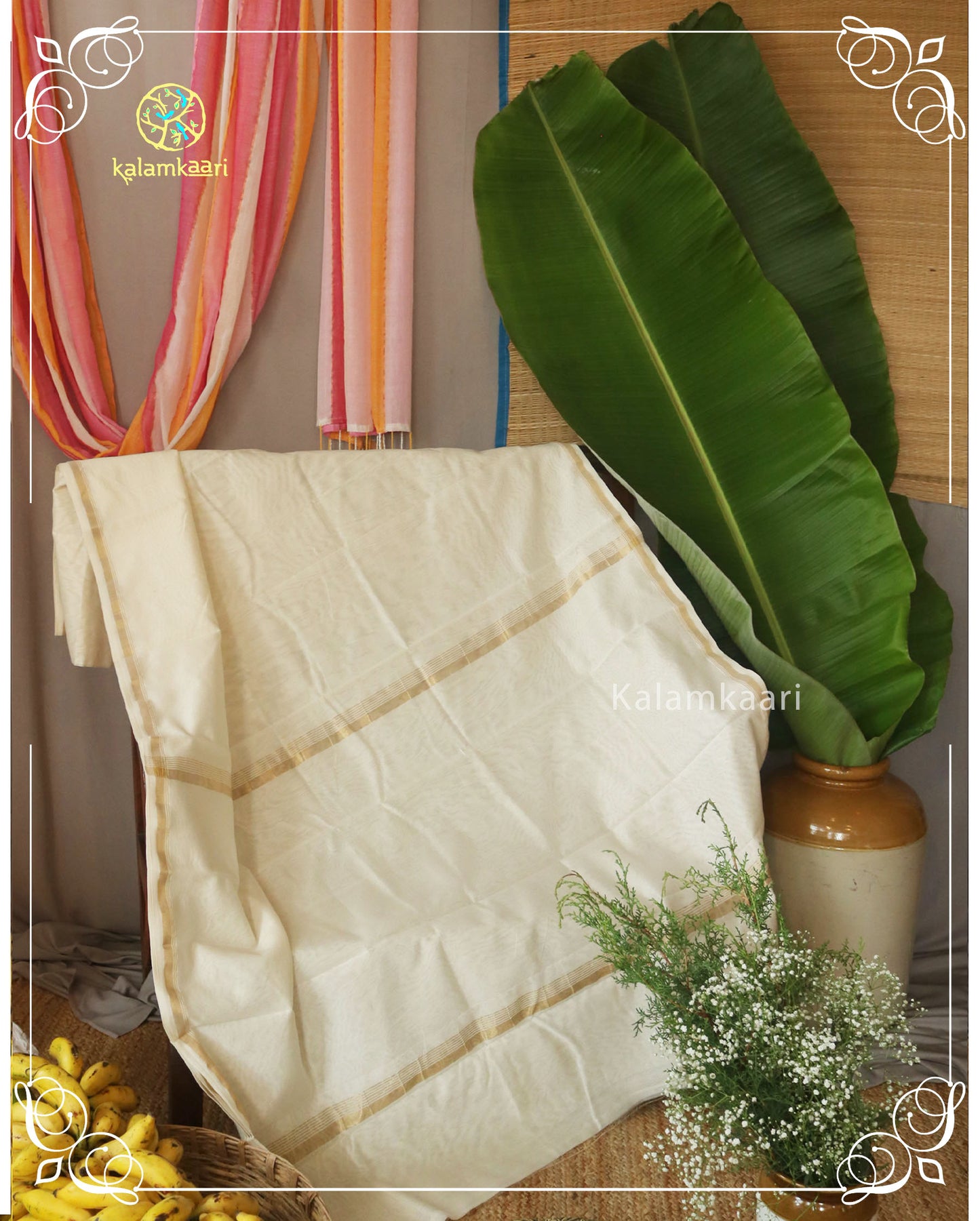 PLAIN WHITE CHANDERI SAREE WITH 1/2"KASAVU